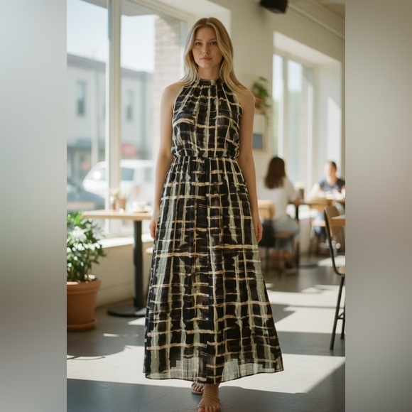 H&M Dresses & Skirts - Black Cream Geometric Halter Maxi Dress High Neck Keyhole Back Workwear